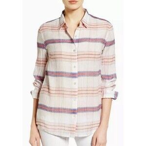 Tommy Bahama Women's SZ S Costas Plaid Long Sleeve Silk/Cotton Shirt White ECU